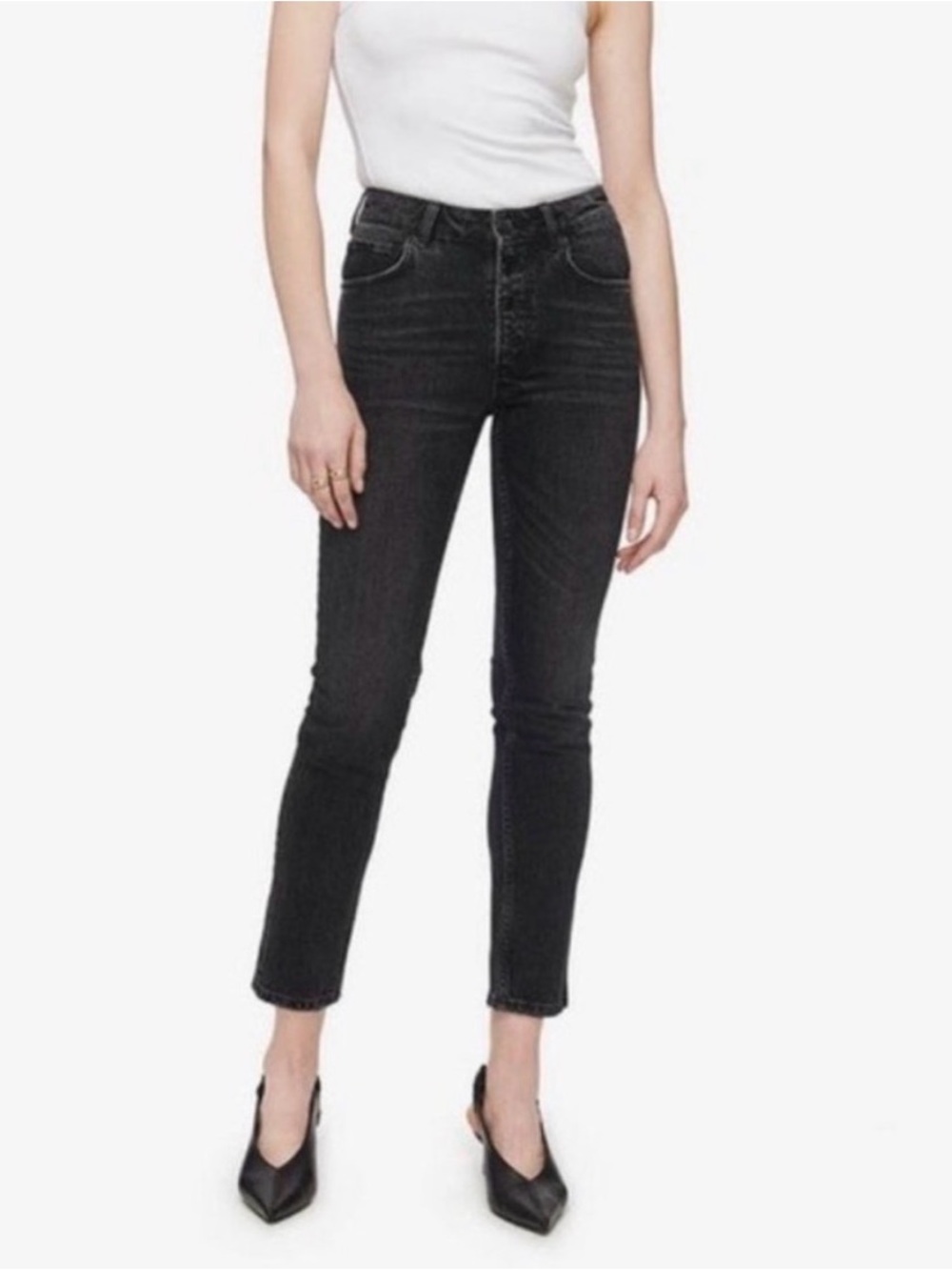 ANINE BING Black/Iron Grey High-Rise Slim Straight Leg Denim Jeans 26 Luxury